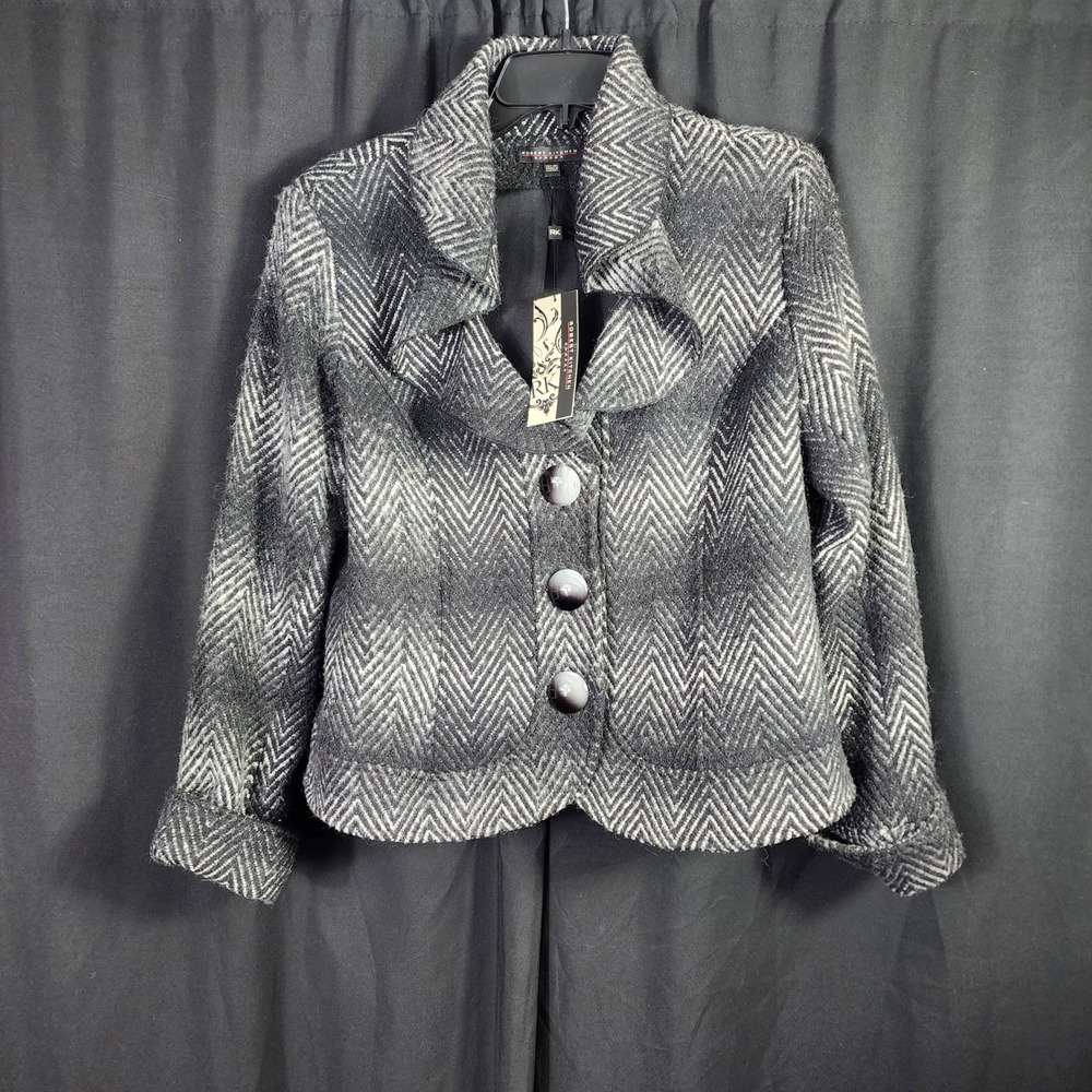 Robert Kitchen Canada Herringbone Ruffle‎ Collar Jacket Black Grey Wool Blend 10